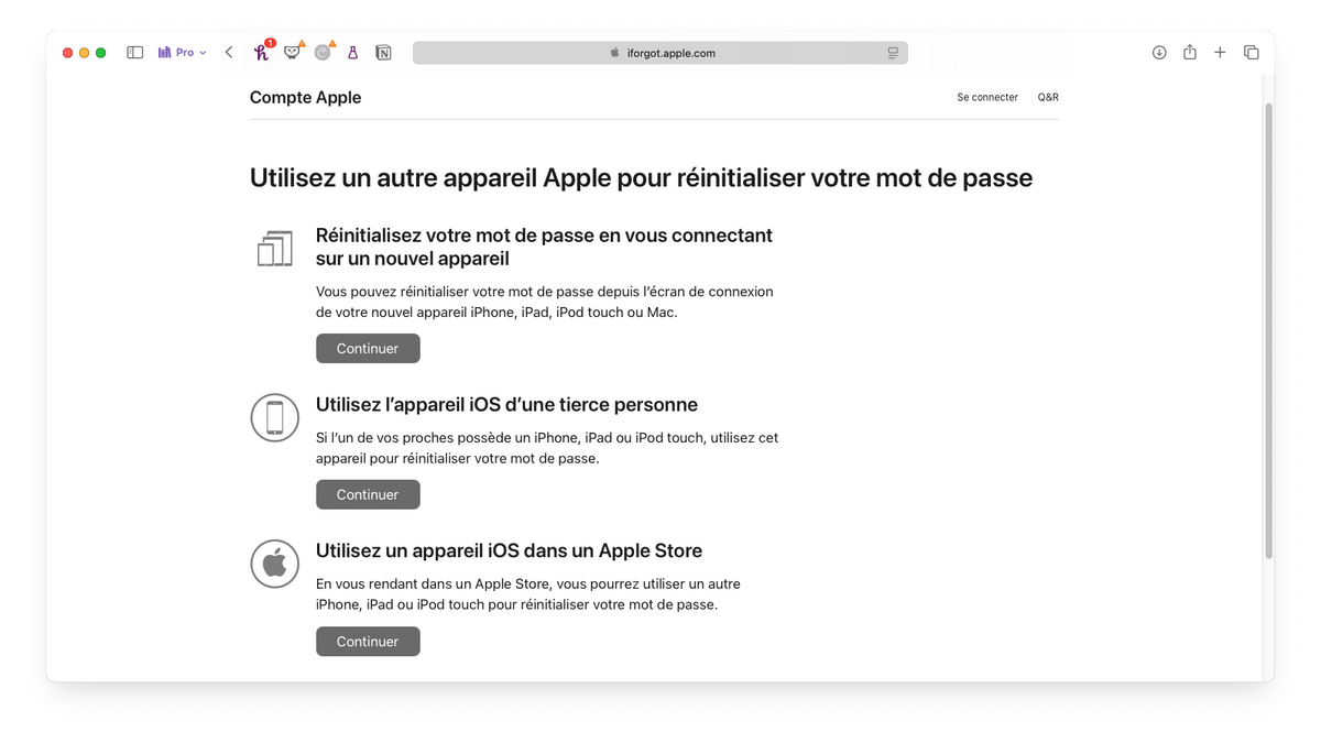 Présentation des méthodes proposées par Apple pour récupérer votre mot de passe iCloud © Clubic