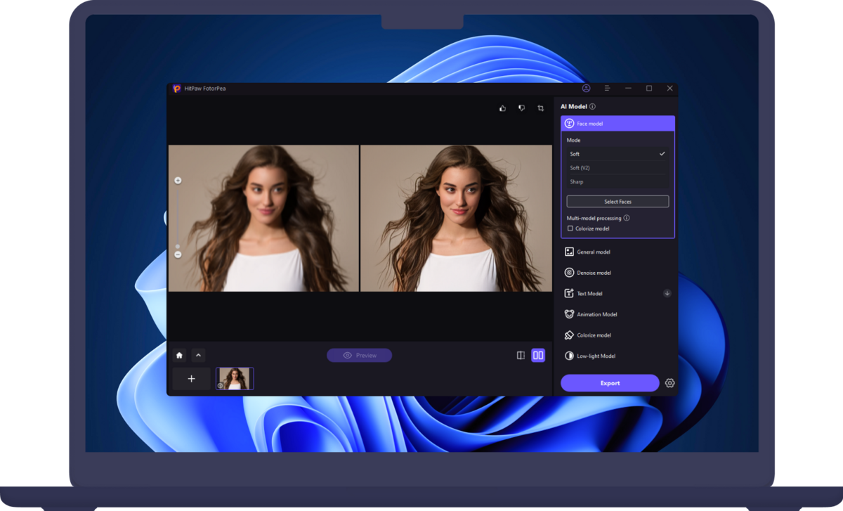 Le module AI Model de HitPaw FotorPea exploitant l’intelligence artificielle pour améliorer la qualité des photos et restaurer la clarté des visages. - © HitPaw FotorPea