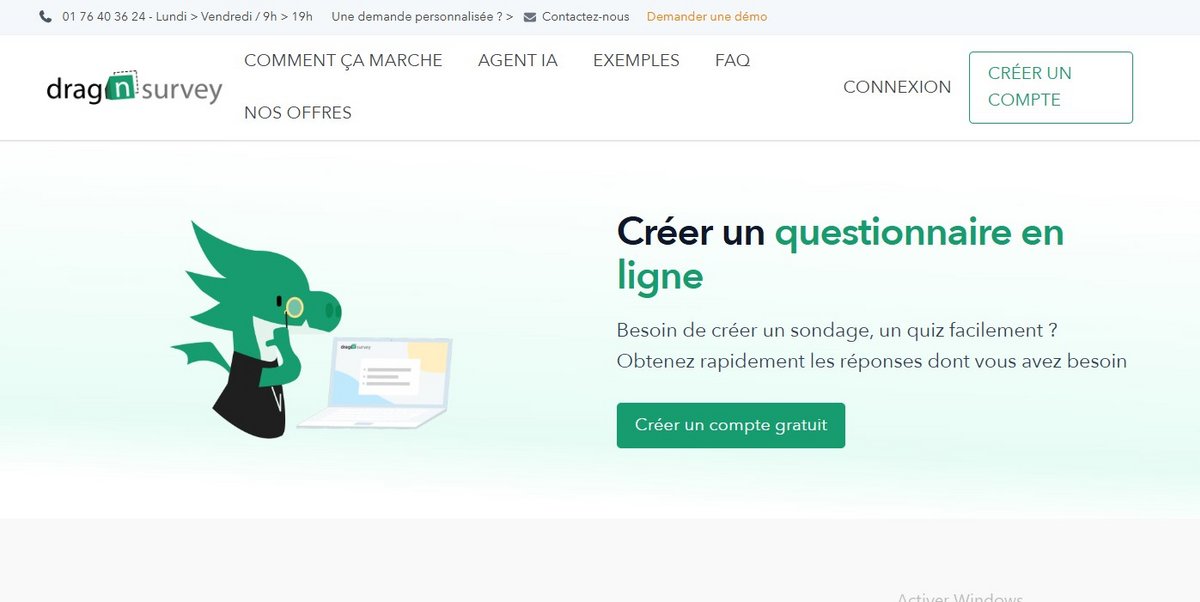 Voici la page d’accueil de Drag’n Survey, l’outil idéal pour créer facilement des questionnaires, sondages et quiz en ligne et collecter rapidement des réponses - © Drag'n Survey