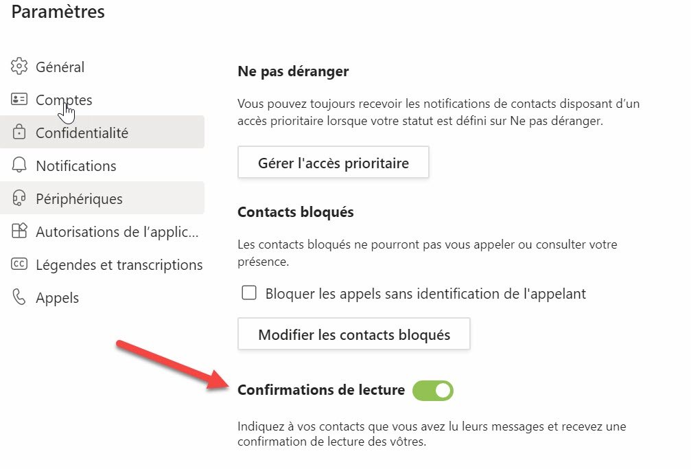 Microsoft Teams Confirmation de lecture