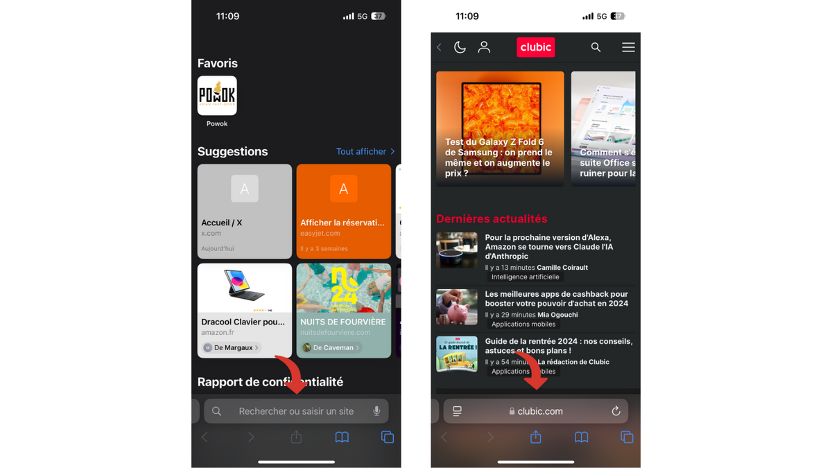 Depuis iOS 17, la barre de recherche a été déplacée en bas de l'écran dans Safari. © Clubic