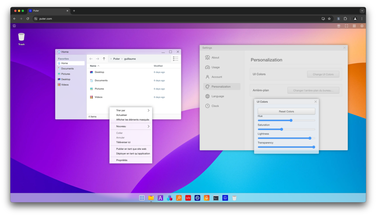 Puter.com - L'explorateur de fichiers et les préférences système