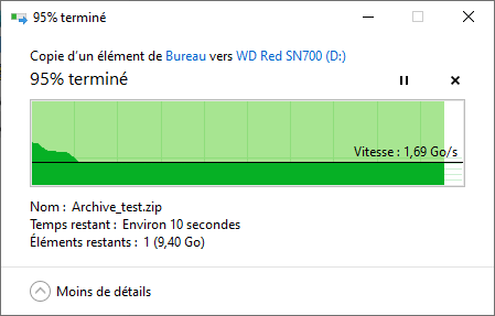 Débits observés en écriture sur une copie « simple » via Windows 10 © Nerces