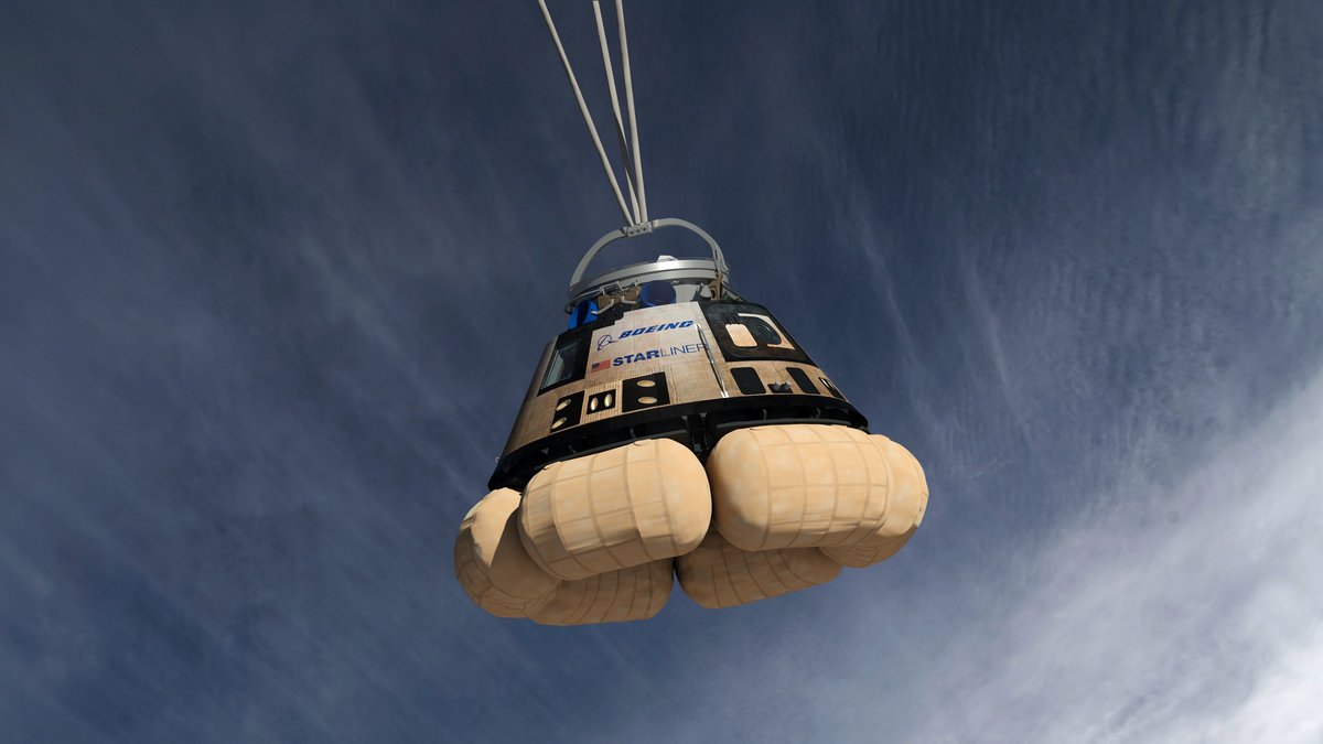 La capsule Starliner atterrira dans le désert grâce à ses larges airbags. Crédits Boeing/NASA