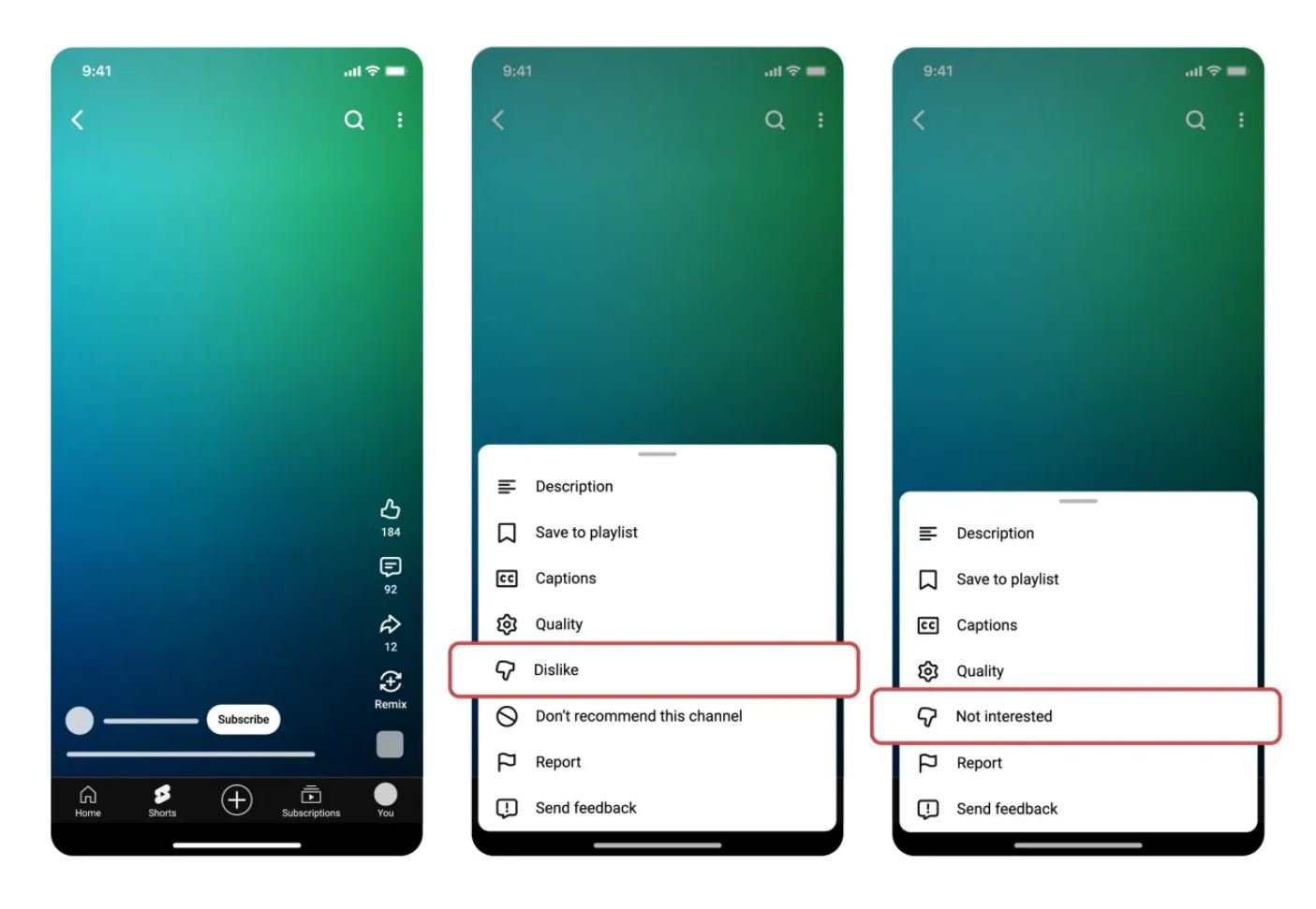 Google teste une nouvelle manière de fusionner les boutons "Je n'aime pas" et "Pas intéressé" en ce qui concerne les Shorts. ©Google
