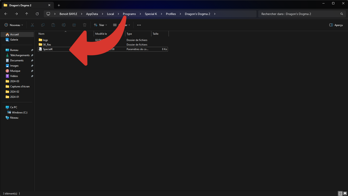 Accédez à votre dossier Special K, puis cliquez sur le fichier de configuration © Benoit Baylé pour Clubic.com