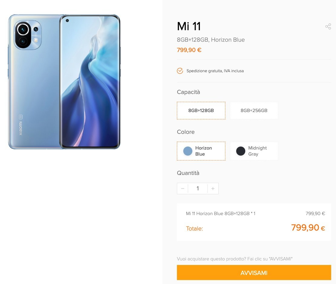 Xiaomi Mi 11 prix italie