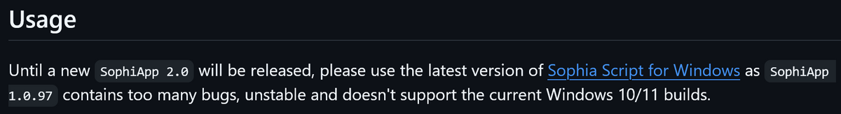En attendant la sortie d'une nouvelle SophiApp 2.0, veuillez utiliser la dernière version de Sophia Script pour Windows car SophiApp 1.0.97 contient trop de bugs, est instable et ne supporte pas les versions actuelles de Windows 10/11.