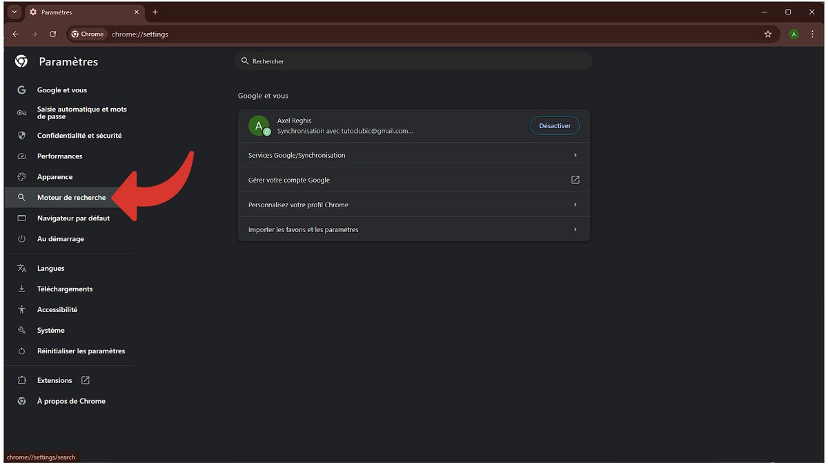 Sur la page d'accueil des paramètres, cliquez sur "Moteur de recherche" dans le volet latéral à gauche © Axel Reghis