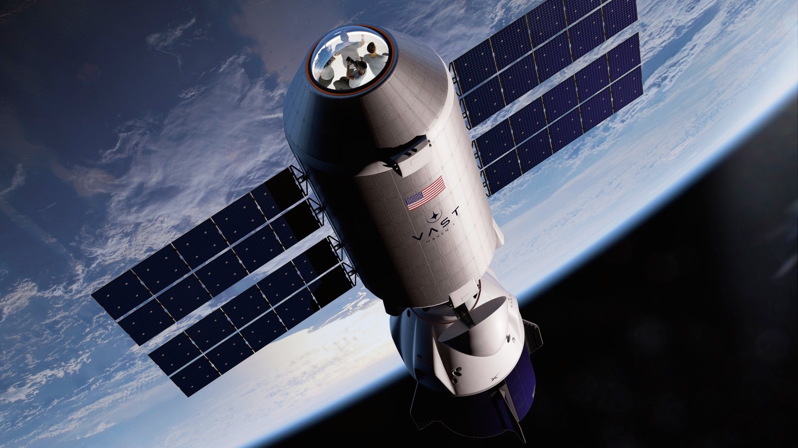 Vue d'artiste de la (peut-être) future station privée VAST, avec une capsule Crew Dragon amarrée. Crédits VAST space