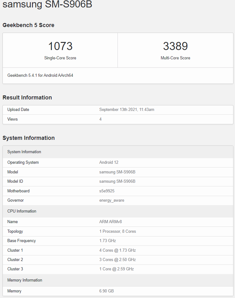 L'Exynos 2200 se positionne peu ou prou au même niveau que son prédécesseur sur la partie CPU. Capture d'écran © Geekbench