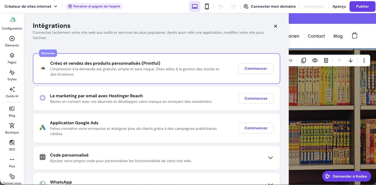 Créateur de sites web Hostinger - Ajout de code personnalisé au sein de l'éditeur. ©Hostinger