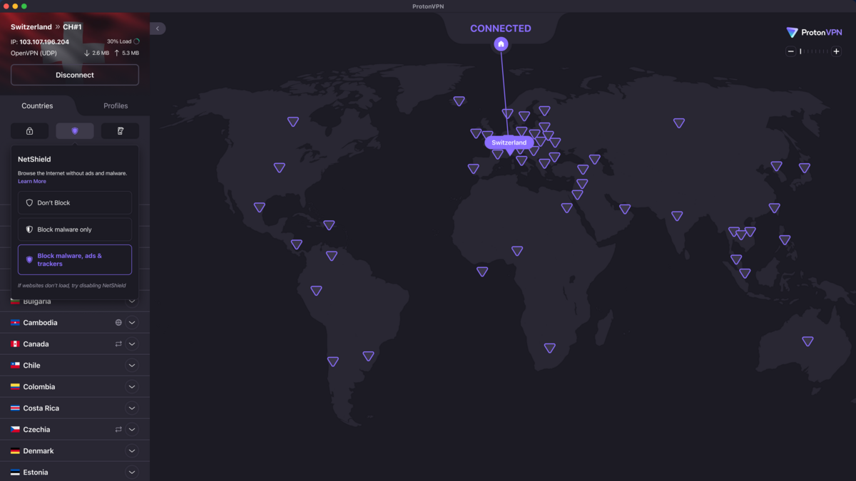 Proton VPN - L'activation du bouclier NetShield