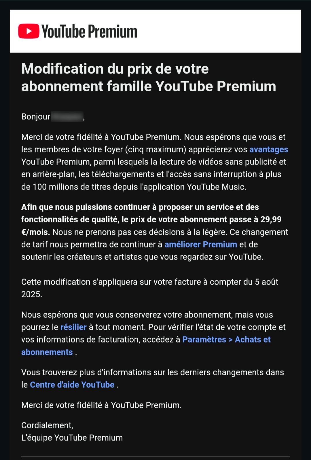 Le mail reçu confirmant l'augmentation de YouTube Premium Famille © Mathieu Grumiaux pour Clubic