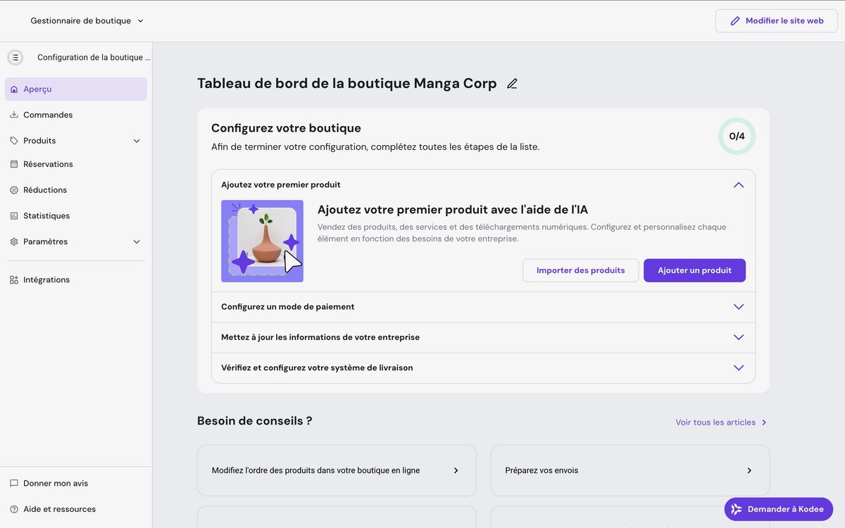 Créateur de sites web Hostinger - Tableau de bord pour la gestion d'un e-commerce. ©Hostinger