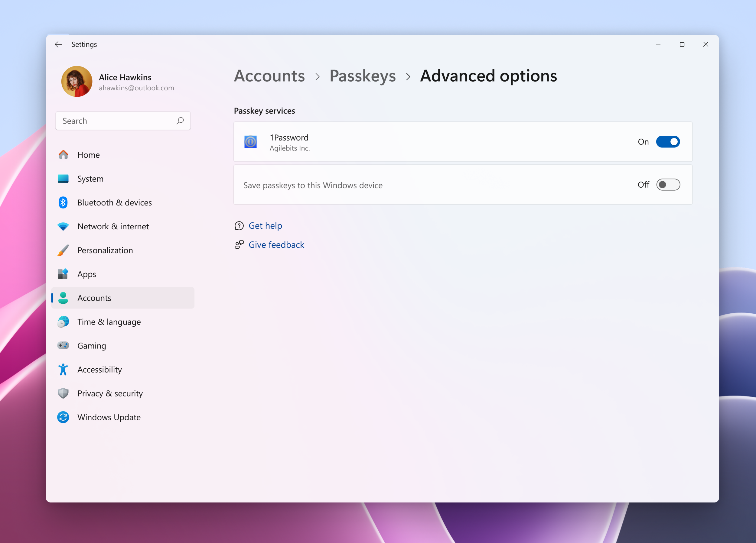 Windows 11 s'allie à 1Password pour proposer une gestion native des passkeys stockées par les gestionnaires de mots de passe tiers. © Microsoft