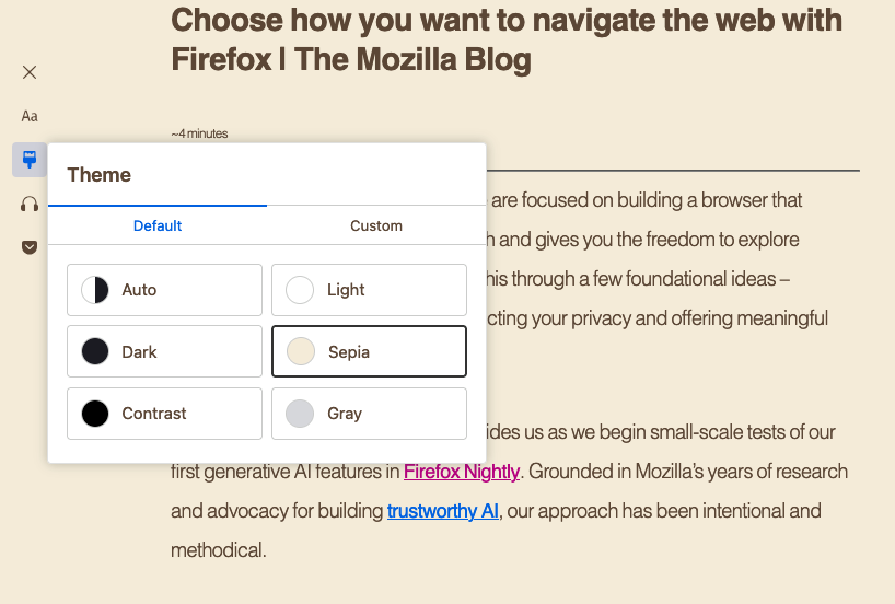 Aperçu du menu de personnalisation des couleurs du mode lecture dans Firefox 129. © Mozilla