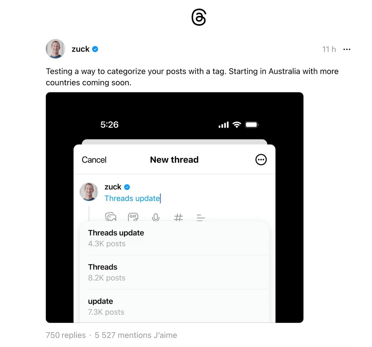 Démonstration de la fonctionnalité par Mark Zuckerberg sur Threads. © Threads / Zuck
