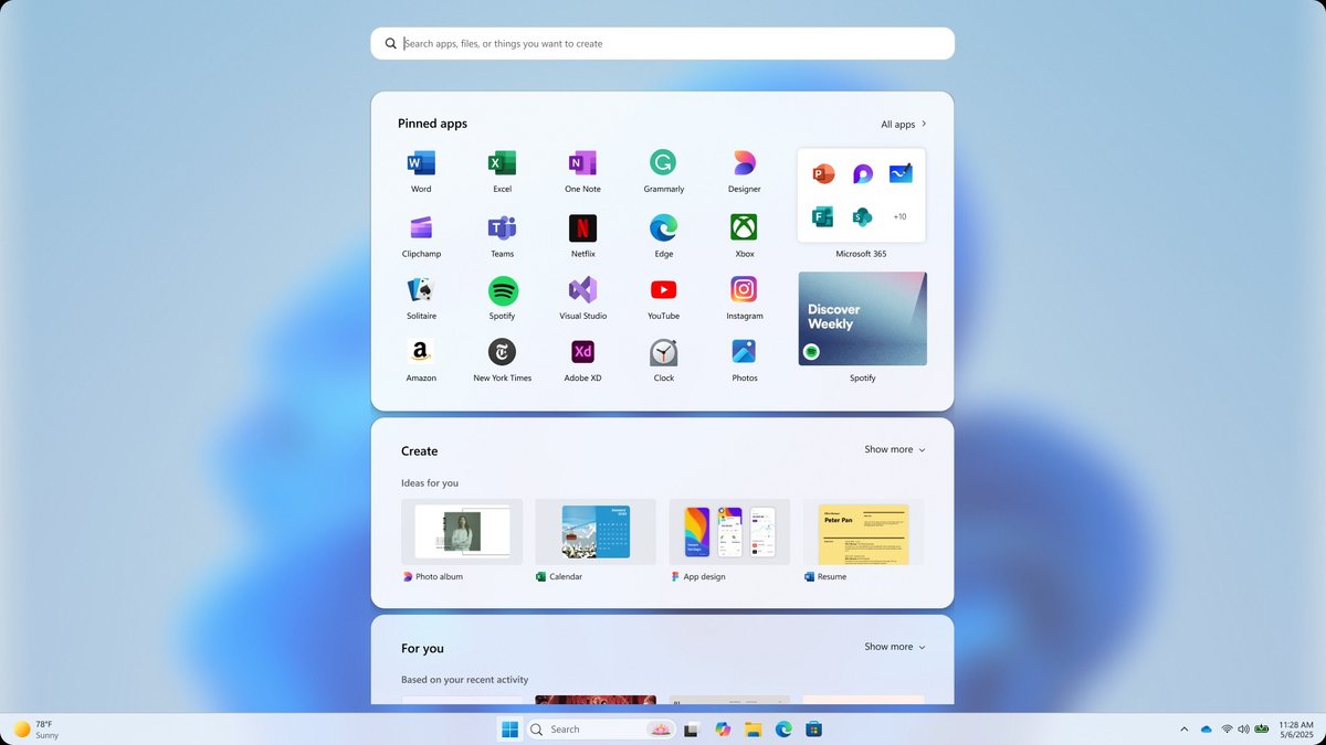 Concept de menu Démarrer en plein écran avec un effet de flou. © Microsoft
