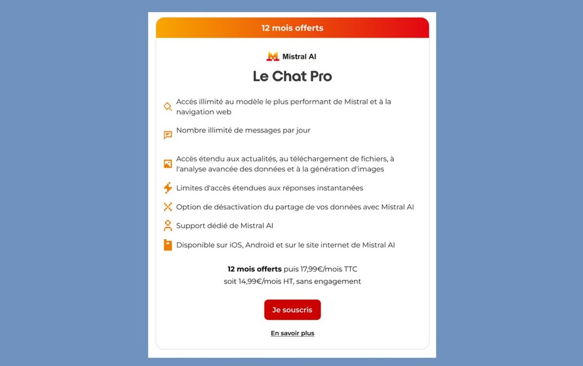 Voici les détails de l'offre Le Chat Pro pour les abonnés Free Mobile  © Alexandre Boero / Clubic