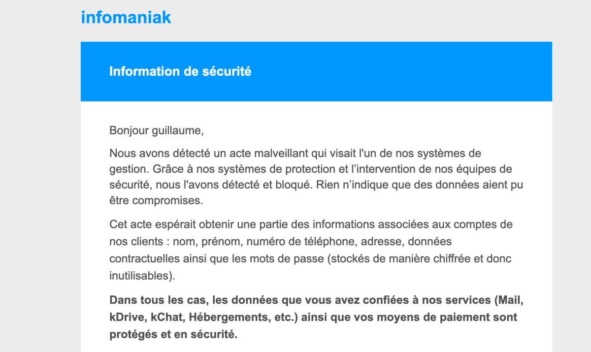 Le message envoyé par Infomaniak