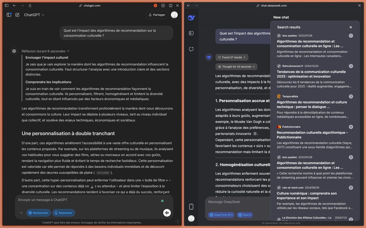 Réponses des deux modèles à la question : « Quel est l’impact des algorithmes de recommandation sur la consommation culturelle ? » © Naïm BADA pour Clubic
