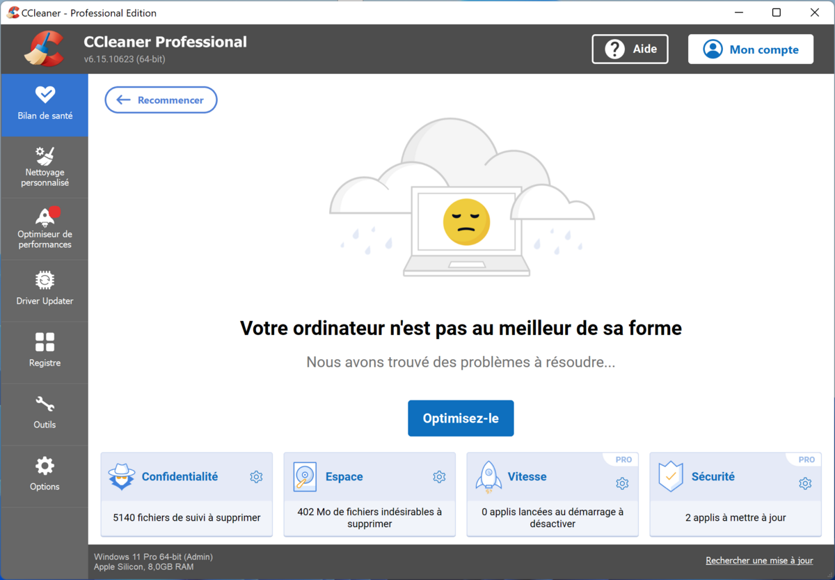 Voici l'interface de CCleaner Professional et les différentes fonctionnalités en aperçu.