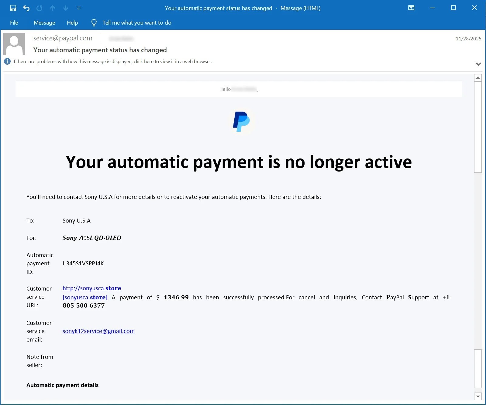Le mail frauduleux est bien envoyé par PayPal et techniquement irréprochable, mais il a été détourné par des escrocs pour inciter les victimes à contacter un faux service client. © Bleeping Computer
