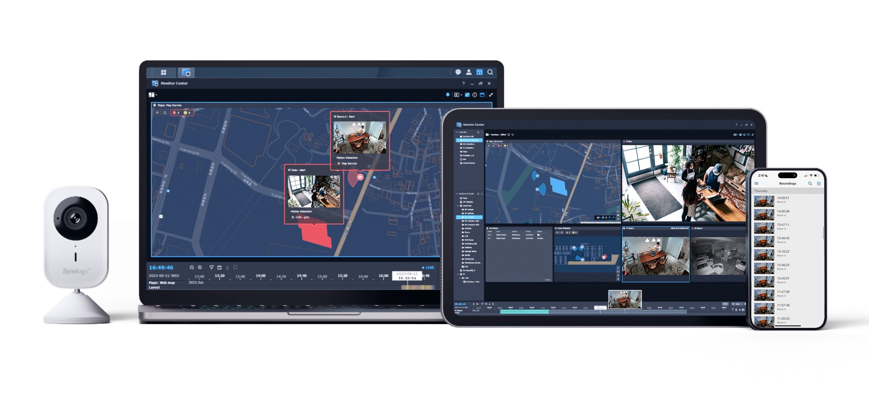 Zoom sur Surveillance Station, l'appli qui permet de contrôler et stocker les captations de la CC400W sur un DiskStation. ©Synology