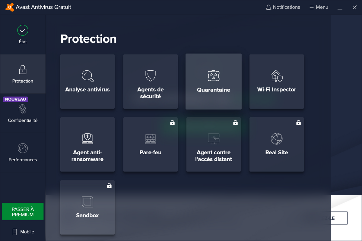 Avast Antivirus Gratuit - Le tableau de bord