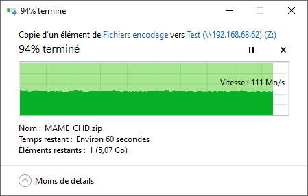 Performances mesurées en copie de fichiers sous Windows 10 en RAID 5 @ 1 GbE © Nerces