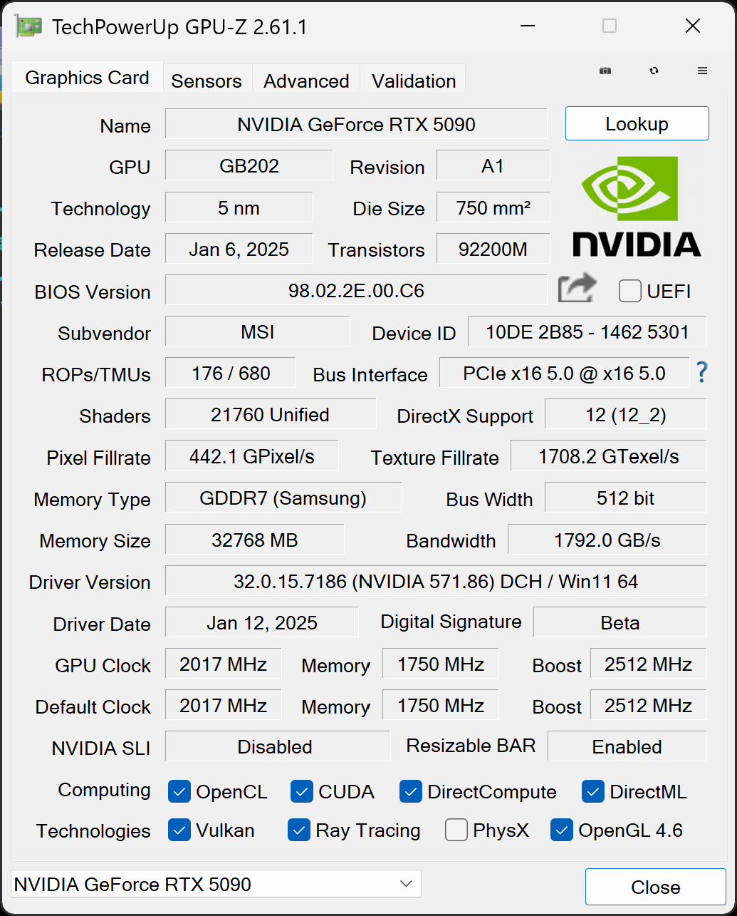 La RTX 5090 32G SUPRIM SOC vue par GPU-Z © Nerces pour Clubic