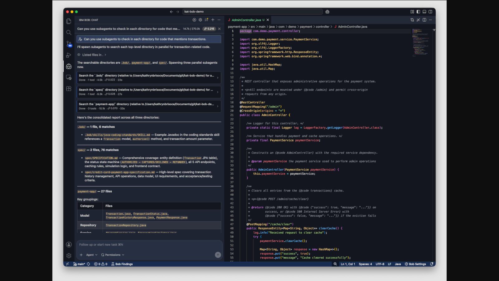 À gauche, la conversation avec Bob ; à droite, le code Java qu'il analyse. L'agent répartit ici la recherche entre plusieurs sous-agents travaillant simultanément. © IBM, capture d'écran Clubic