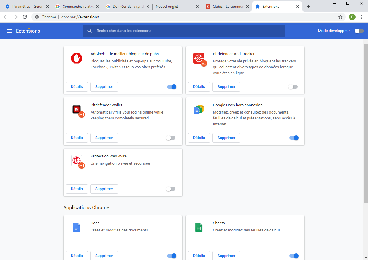 Menu de gestion des extensions