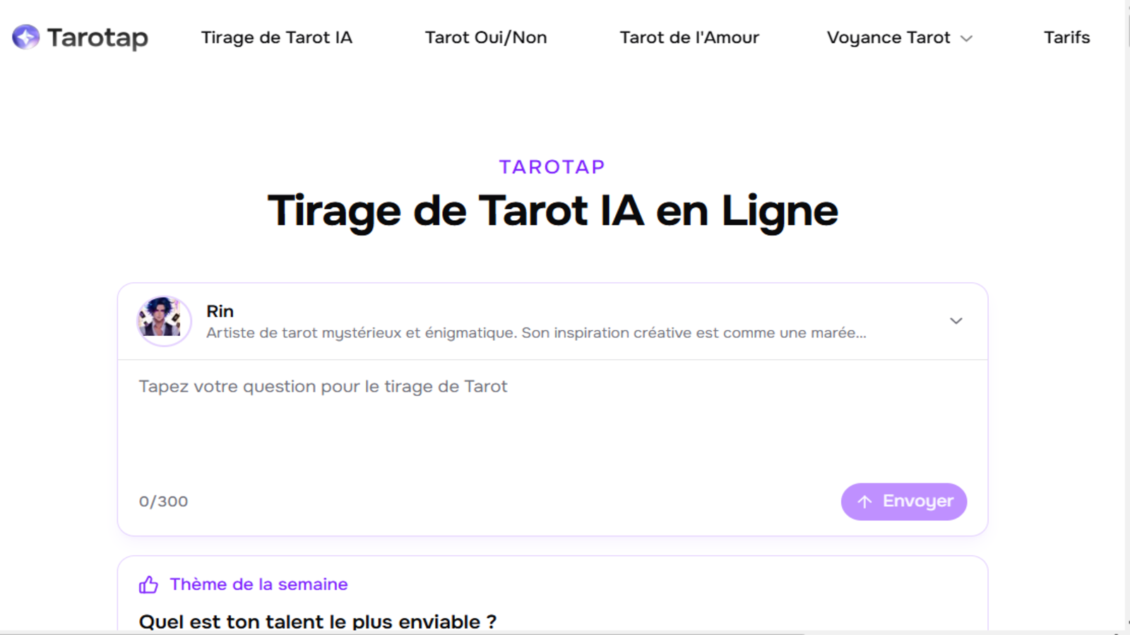Tarotap propose un espace de tirage de tarot en ligne où l’utilisateur peut saisir une question, puis lancer une lecture guidée. La plateforme met aussi en avant plusieurs rubriques, comme le tarot oui/non, le tarot de l’amour et d’autres formes de voyance tarot. © Tarotap Ltd.