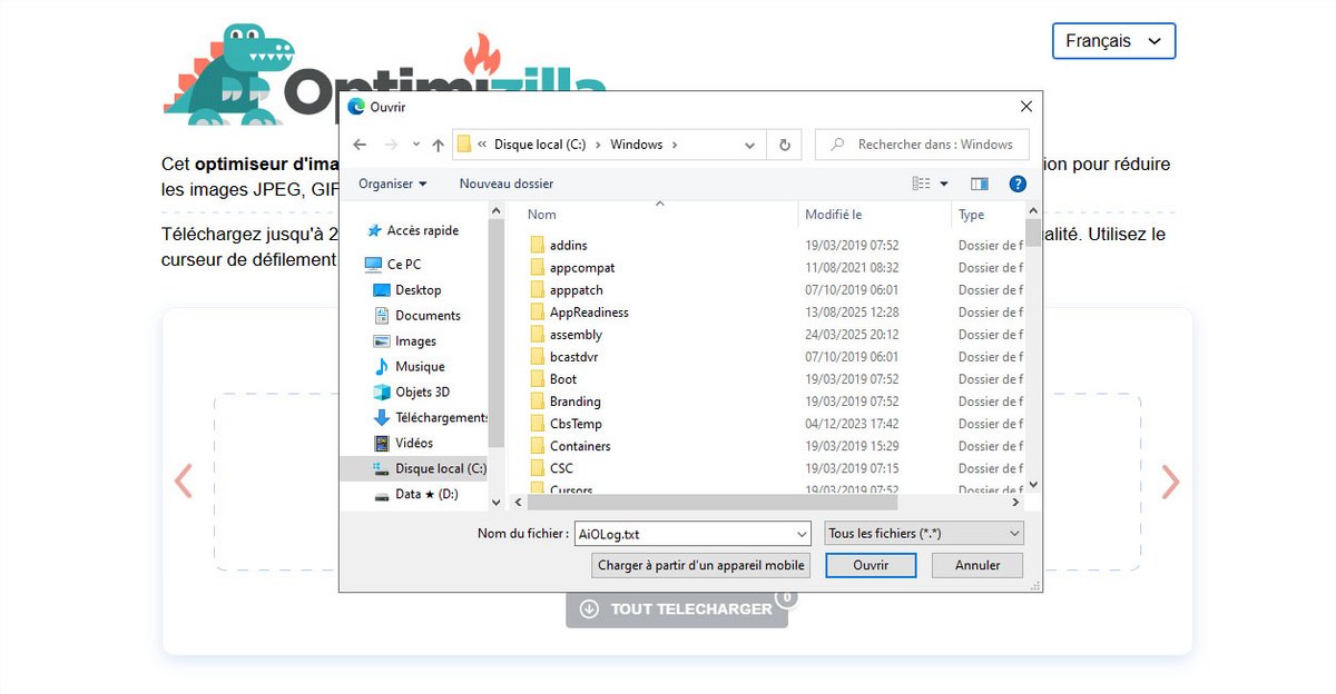 Sélection d’un fichier image local pour compression via l’interface en ligne d’Optimizilla. - © Optimizilla