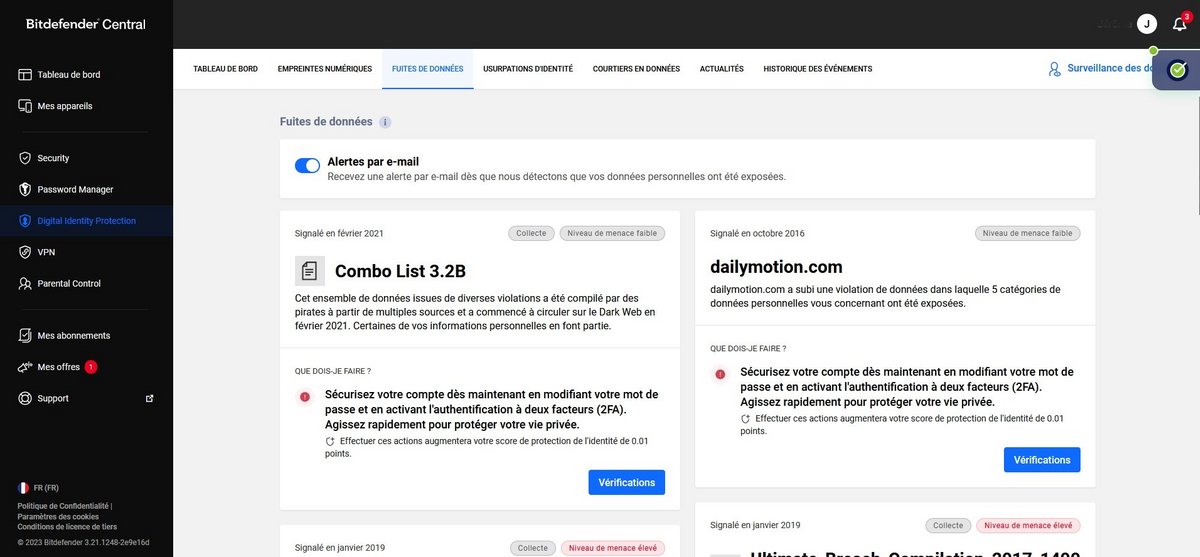Affichage des fuites de données dans Digital Identity Protection