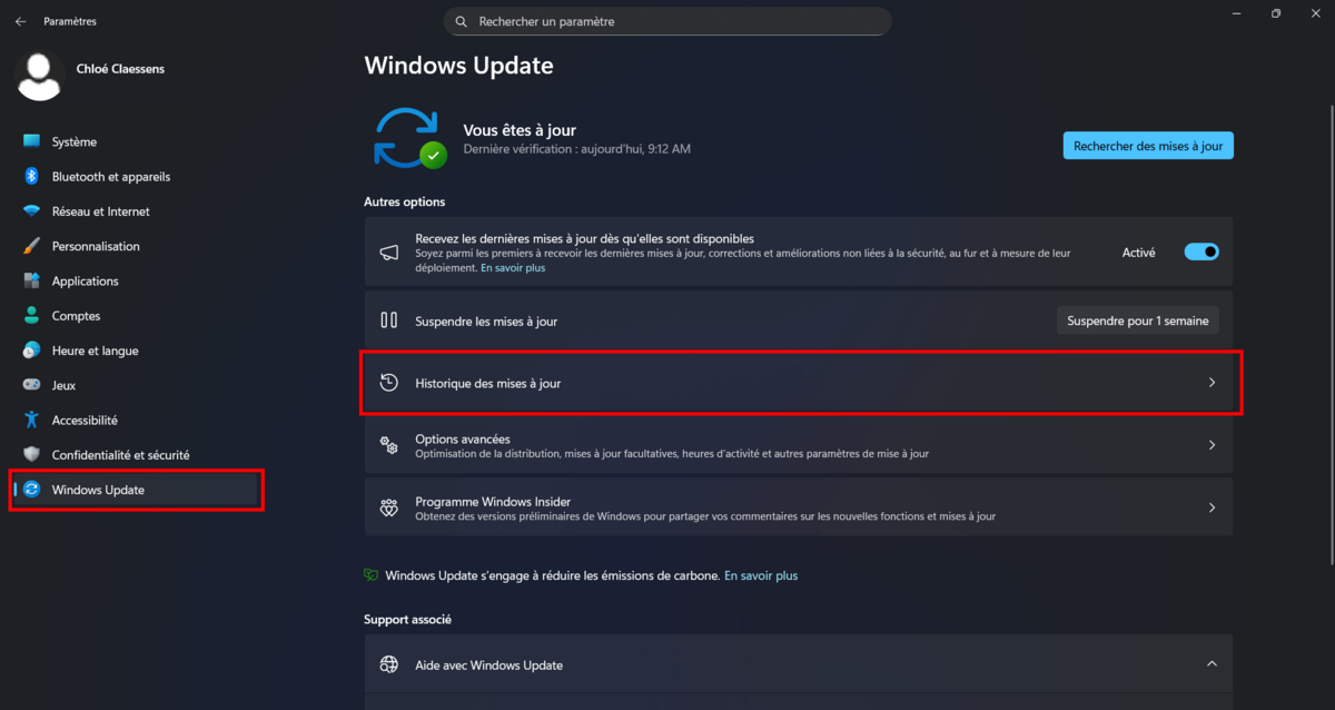 Rendez-vous dans l'Historique des mises à jour depuis Windows Update. © Clubic