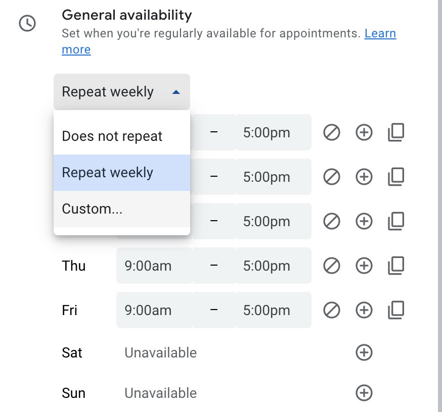 Désignez une récurrence hebdomadaire personnalisée lors de la création d'un planning de rendez-vous dans Google Agenda © Google