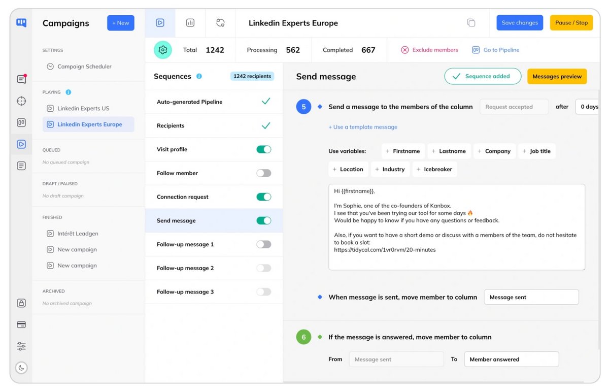 L'interface claire et structurée de Kanbox vous permet de visualiser en un coup d'œil l'avancement de vos campagnes de prospection, avec un suivi détaillé des interactions à chaque étape du processus © Kanbox