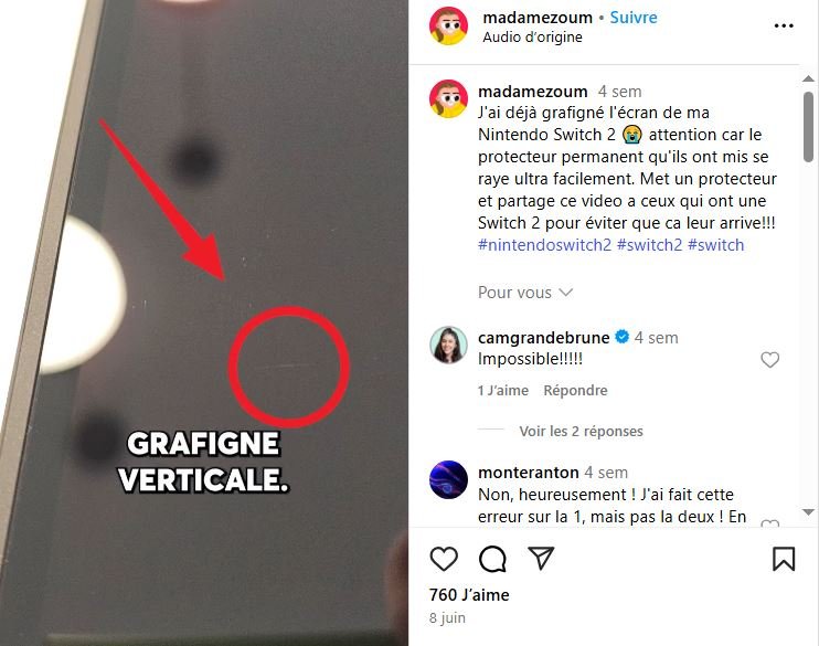 Dès le 8 juin, l'utilisatrice madamezoum indiquait sur Instagram avoir "grafigné" sa Nintendo Switch 2 à cause du dock. ©Instagram / madamezoum