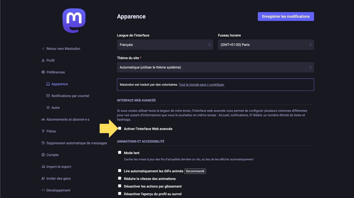 Activez l'interface web avancée © Mastodon