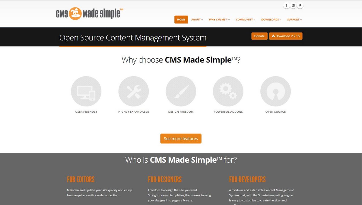 Page d'accueil de CMS Made Simple mettant en avant ses principaux avantages.