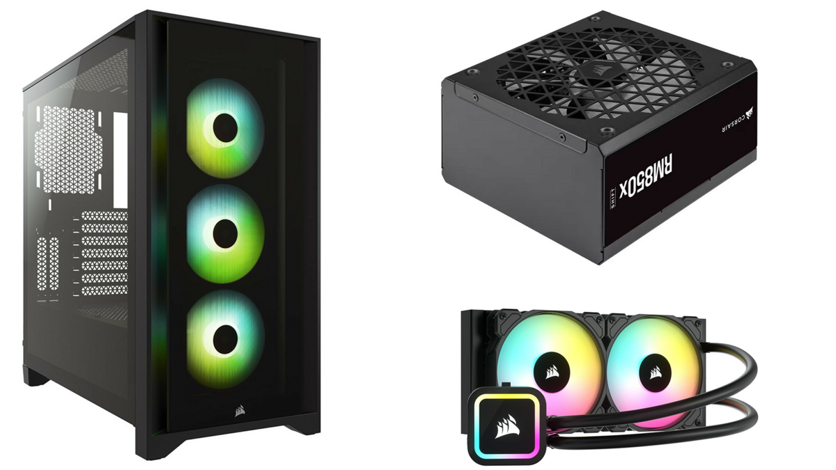 L'iCue 4000X, l'alimentation RM850X Shift 80 Plus Gold et le watercooling H100X RGB Elite