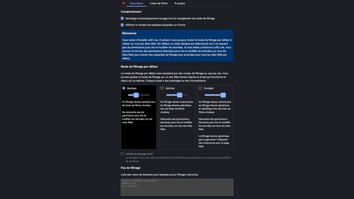 uBlock vous propose plusieurs niveau de filtrages de pub. © uBlock Origin Lite