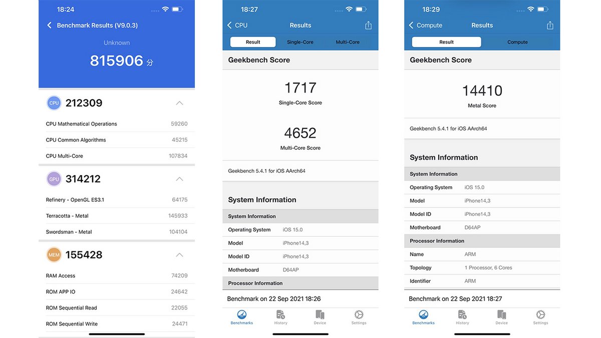 Benchmarks de l'iPhone 13 Pro à gauche, du Xiaomi Mi 11 Ultra à droite.