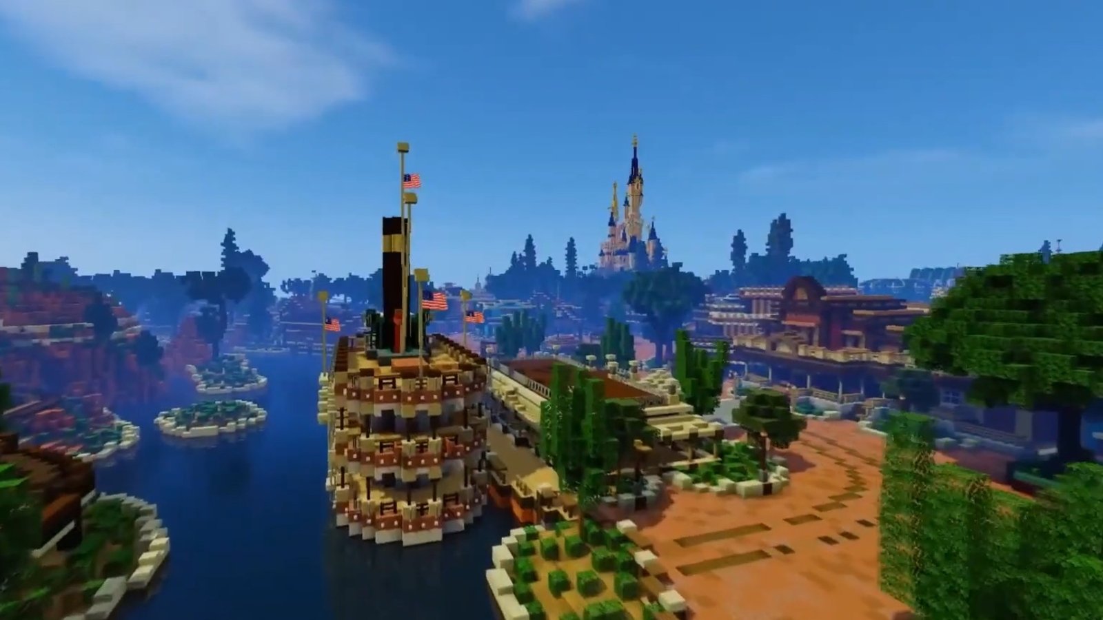 Vue sur le Molly Brown, le Thunder Mesa et le château de la Belle au bois dormant, ici en arrière-plan, depuis la Maison Hanté (Frontierland)