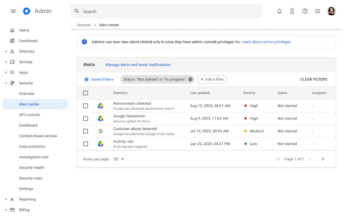Voici une alerte dans la console d'administration, via une notification en cas de ransomware détecté© Google Cloud