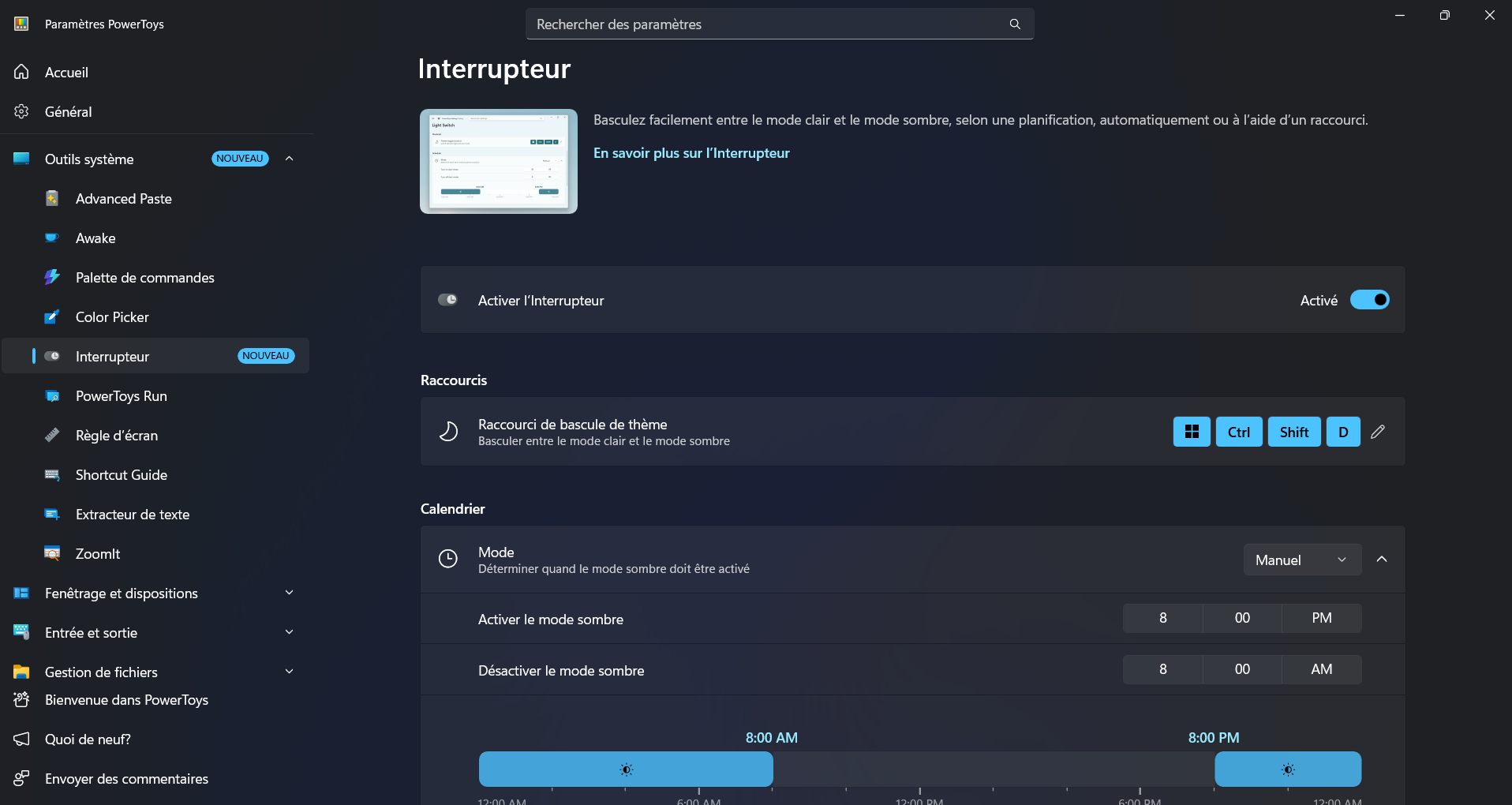 Si vous avez installé la version 0.95 de PowerToys, la fonction "Light Switch" ("Interrupteur" en français) est activé par défaut, et responsable du changement de thème aléatoire sur Windows 11. Pensez à la désactiver pour retrouver un peu de stabilité. © Clubic