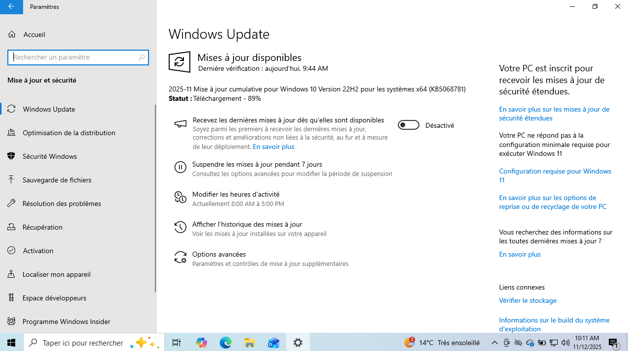 Vous pouvez télécharger la denrière mise à jour de sécurité pour Windows depuis Windows Update, à condition de vous être inscrit au programme ESU. © Clubic